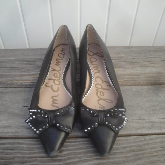 Sam Edelman Black Leather Embellished Bow Spiked "Raisa" Pointed Flats 9.5 - Picture 1 of 5